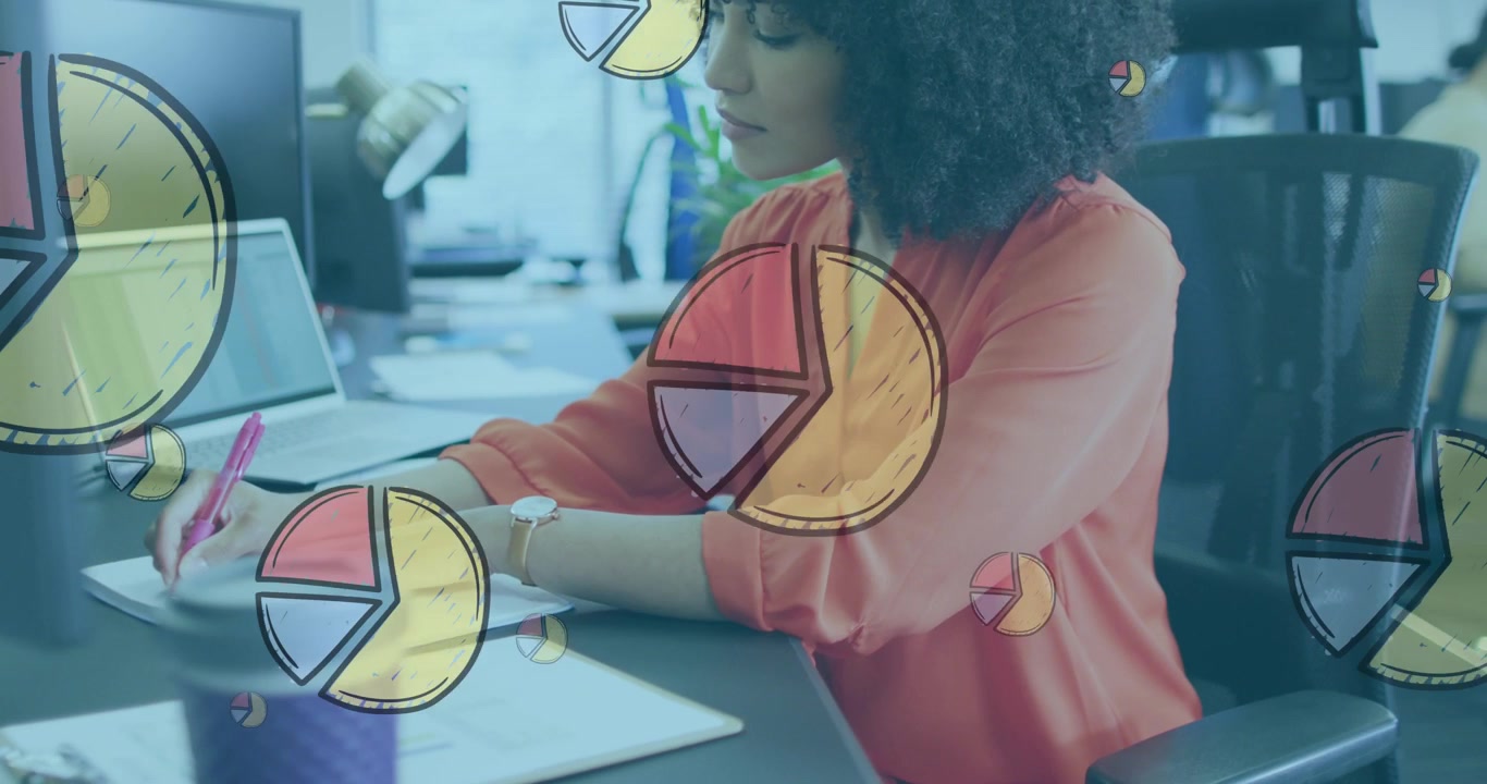 Animation of multiple pie graph icons floating over african american woman taking notes at office