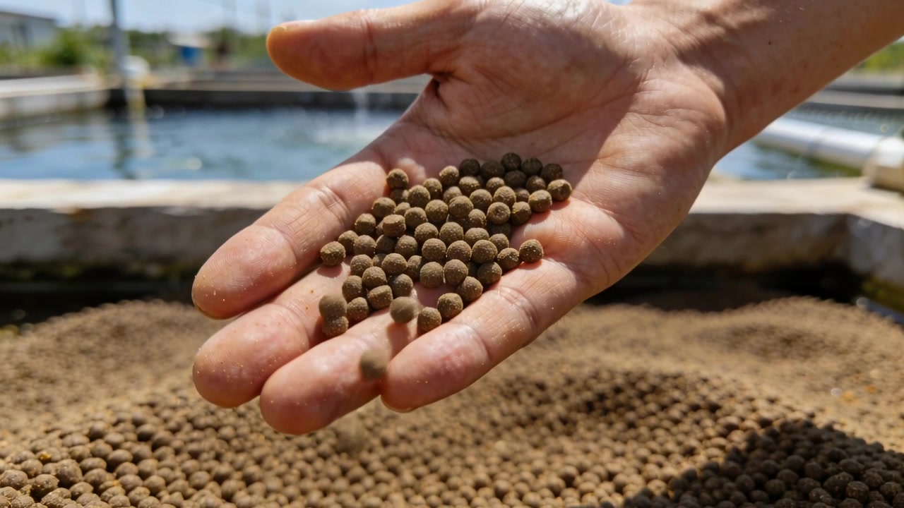 Una mano destra inclina, rilasciando pellet di mangime marroni in vasche di acquacoltura esterne per nutrire i pesci.