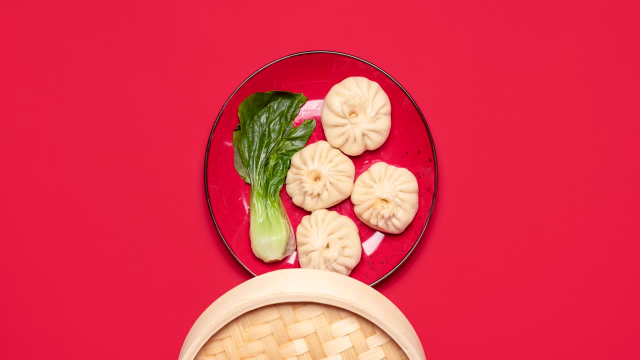 Baozi dumplings and bok choy, cooking process. Eating Chinese steamed food, 4k stop motion