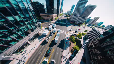 city street view with trucks and urban buildings