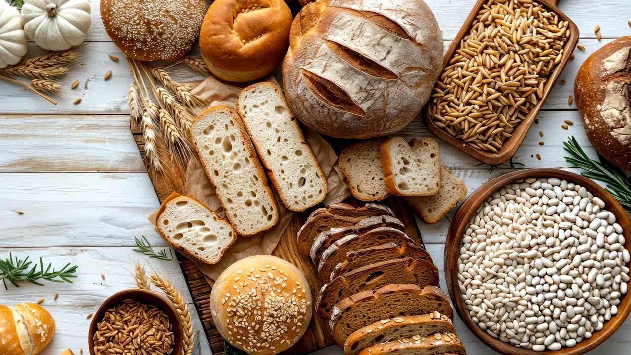 Fresh breads and grains on display. An assortment of fresh breads, grains, and beans arranged on a wooden surface showcasing a rustic kitchen scene