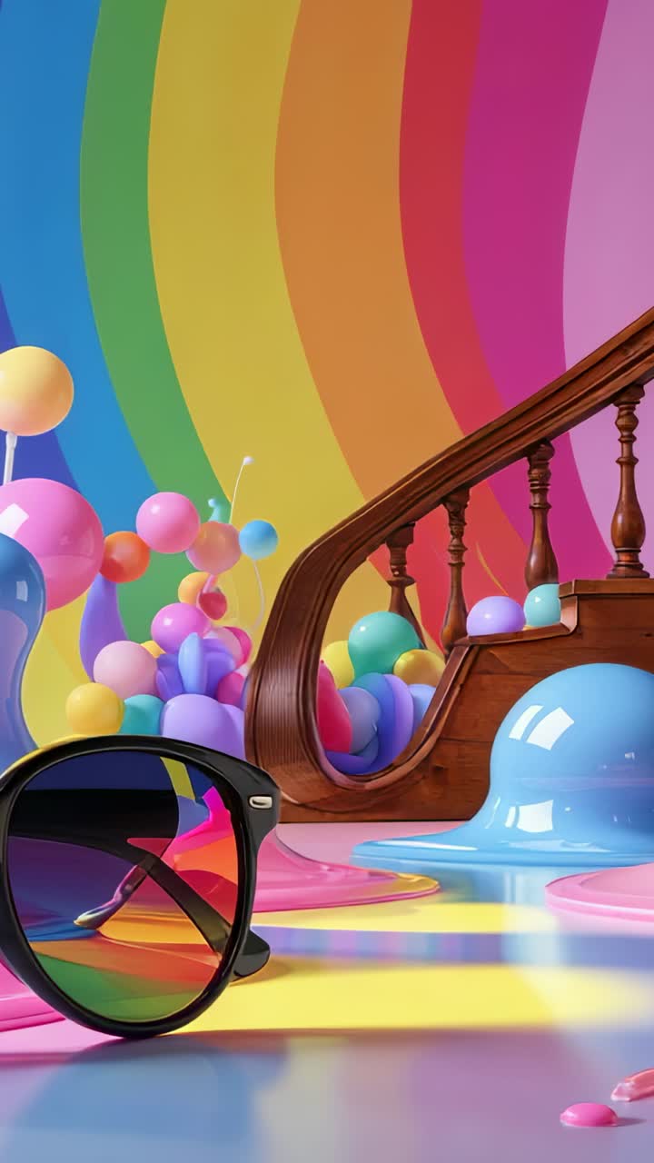 Vertical video: On camera panning spheres melting into pastel pools by wood railing near sunglasses