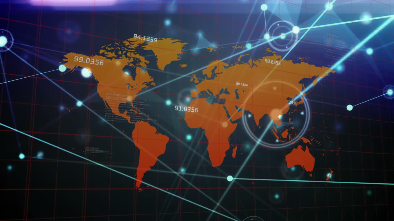 세계 지도를 통해 연결 네트워크와 데이터 처리의 애니메이션