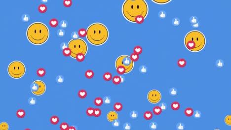 animación de emojis de redes sociales, corazones y pulgares hacia arriba iconos digitales flotando sobre fondo azul