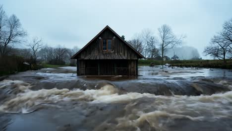 a wooden cabin in a river during a flood