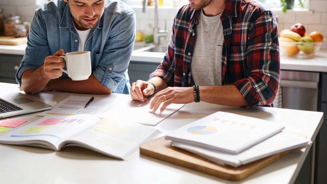 Noticing pie chart, two men in denim and plaid reviewing papers at kitchen counter, holding mug