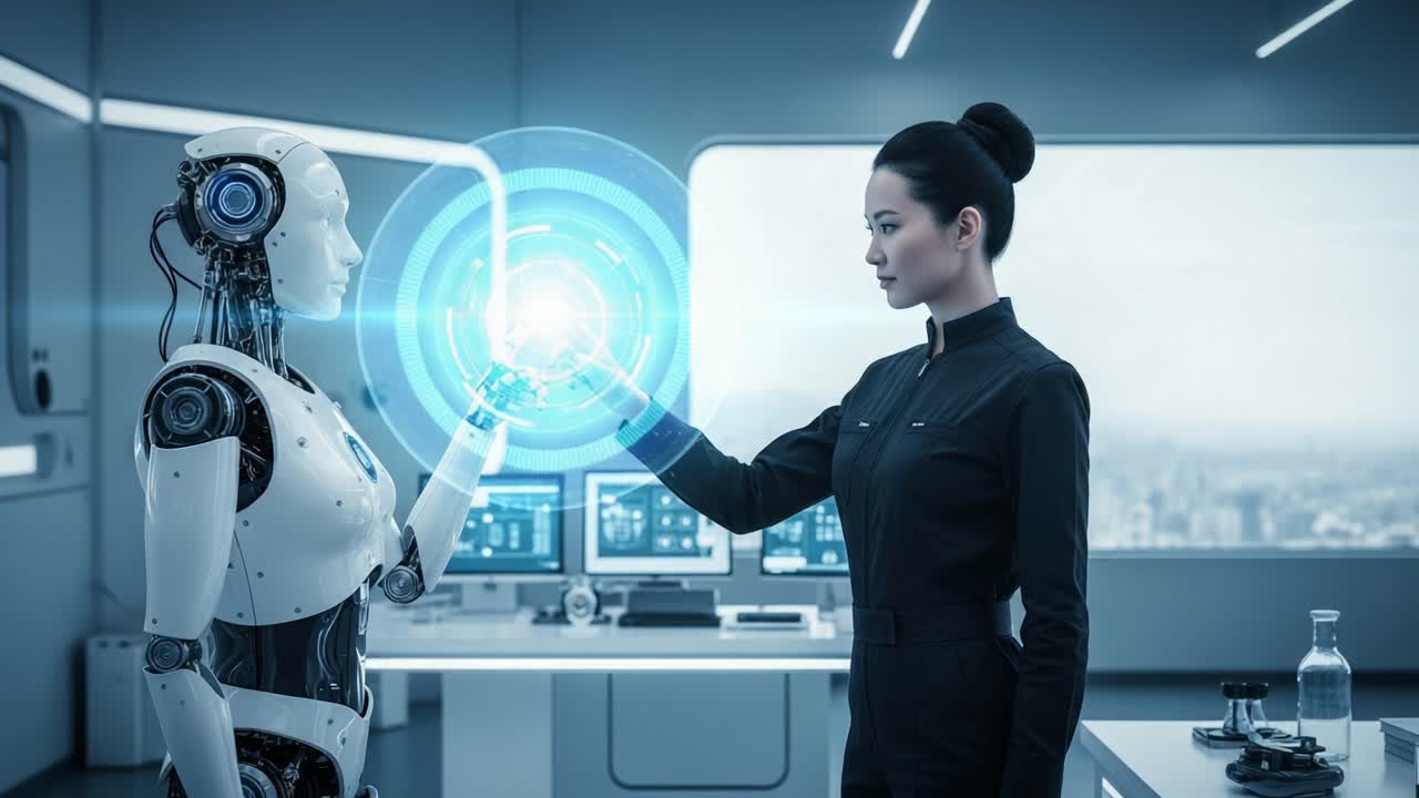 A fascinating interaction between a futuristic robot and a human, showcasing advanced technology and artificial intelligence in a sleek, modern environment