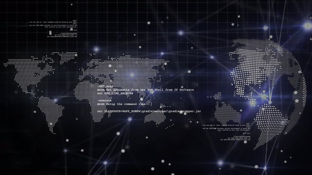 Animation of data processing and world map over dark background
