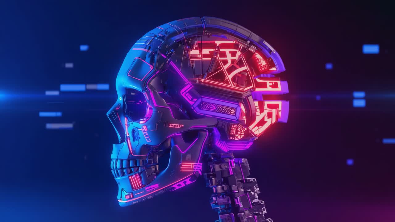 Cybernetic Skull with Glowing Circuits and AI Brain