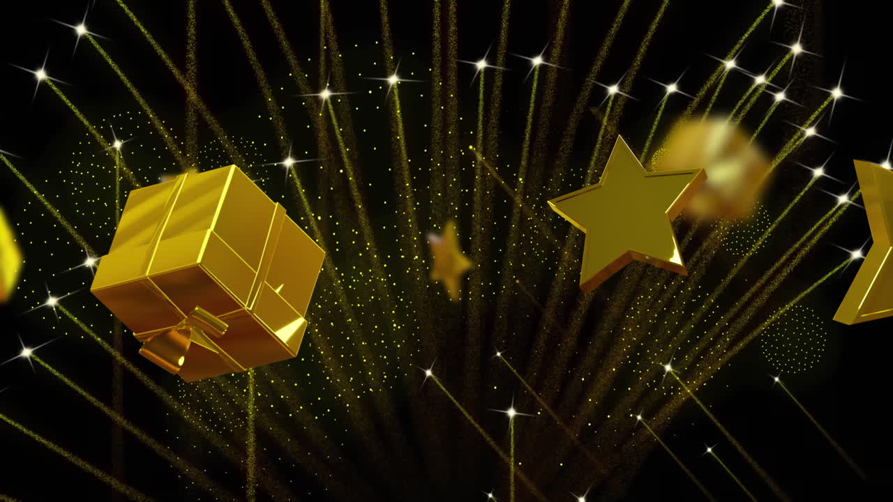 검은 바탕에 불꽃놀이와 함께 크리스마스 장식의 애니메이션