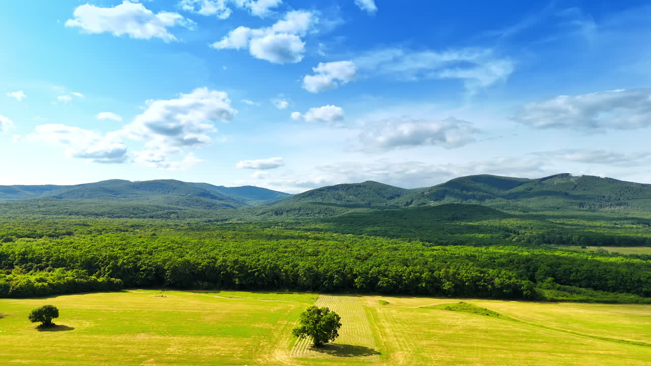 Rolling hills and vibrant trees. Lush green fields stretch beneath a clear blue sky with rolling hills and scattered clouds in the background