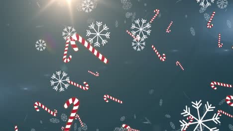 Animation-Von-Weihnachtlichen-Zuckerstangendekorationen-Und-Schnee,-Der-Auf-Blauen-Hintergrund-Fällt