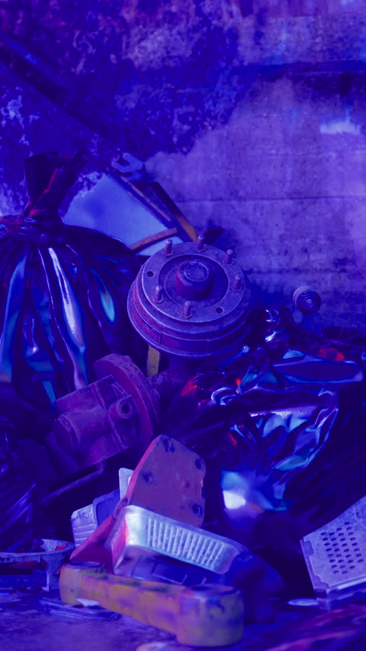 Urban environment showcasing discarded waste in vibrant lighting at nighttime