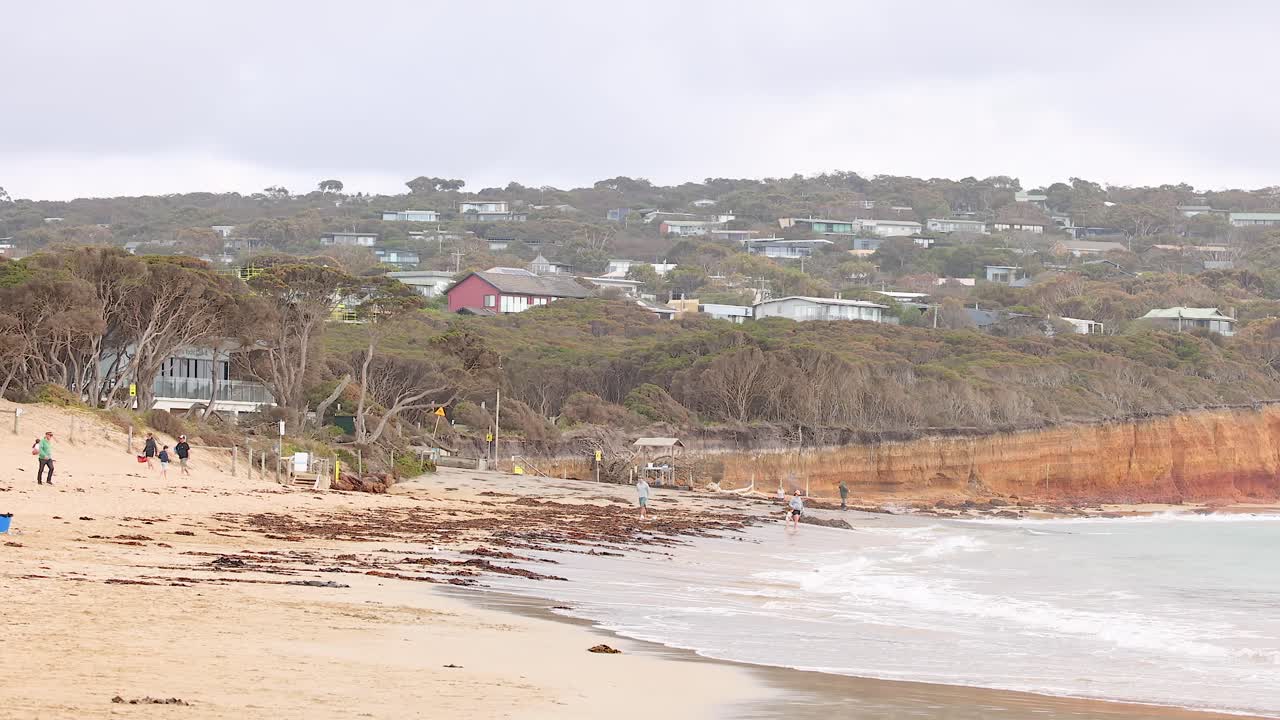 People stroll along a sandy beach with driftwood under overcast skies at Great Ocean Road, capturing a serene coastal scene