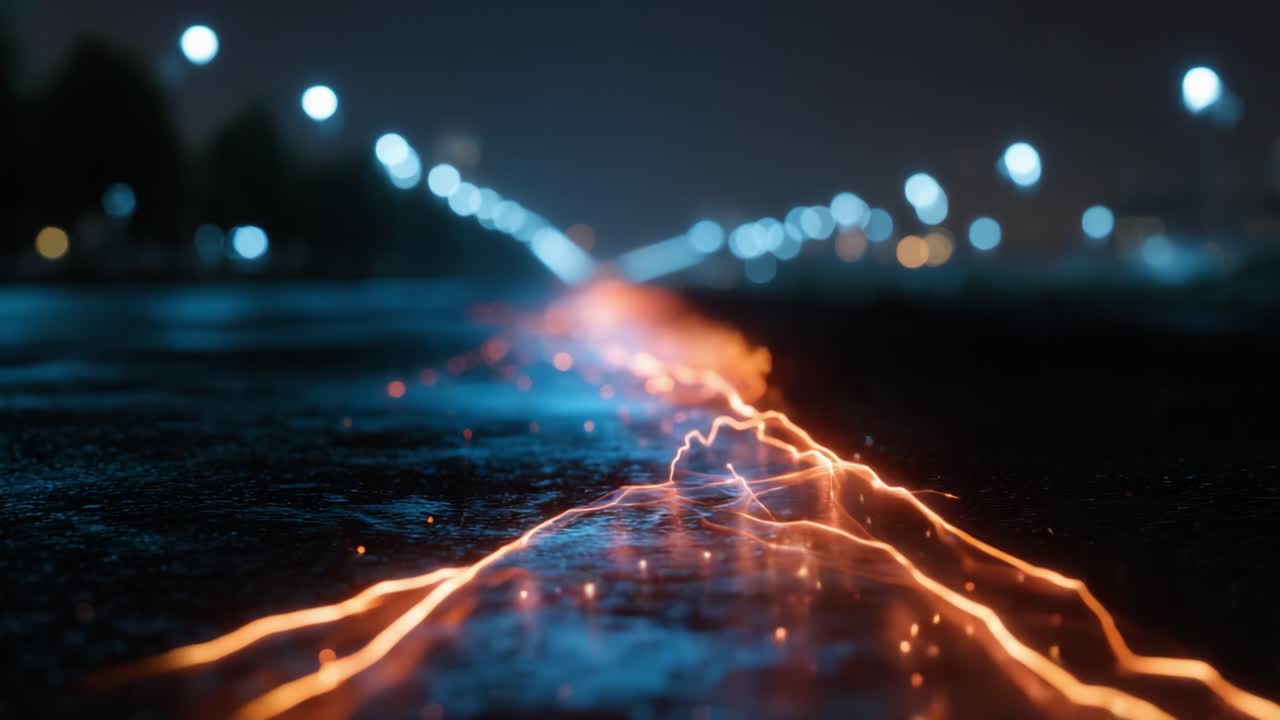 En slående visualisering af glødende gnister og oplyste striber på en våd overflade, der fanger essensen af energi og bevægelse i en natlig setting