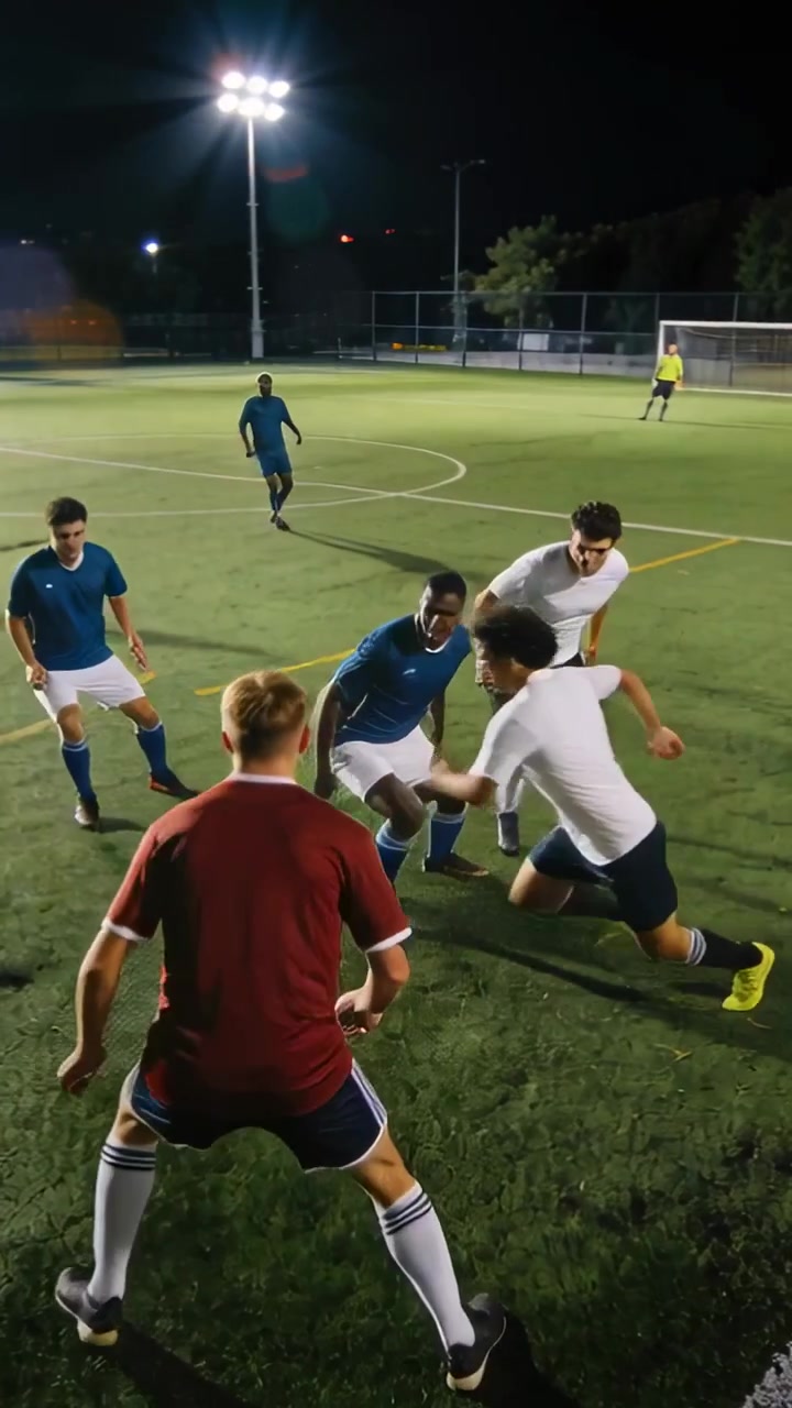 Video vertical: Jugador de azul presionando con un balón de fútbol bajo las luces, rivales iniciando un contraataque hacia la portería