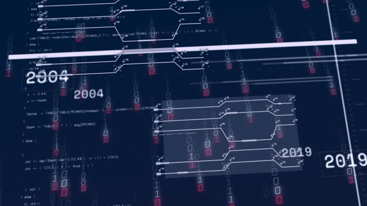 Animation of binary code and data flow diagrams for digital information processing