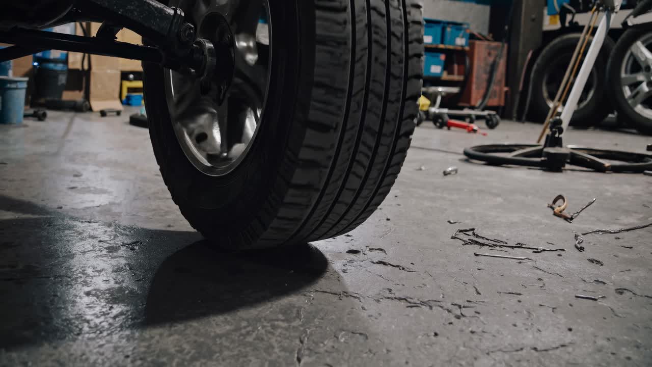 Low-angle video shot of a car tire in a garage, highlighting the rugged texture of the floor