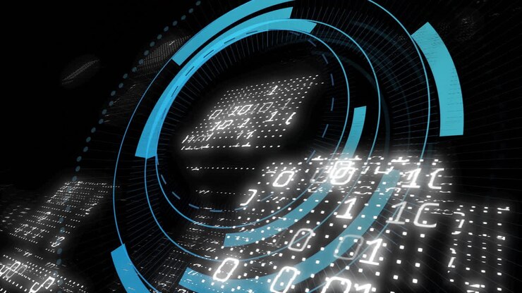 Animation of binary coding data processing over scope scanning on black background