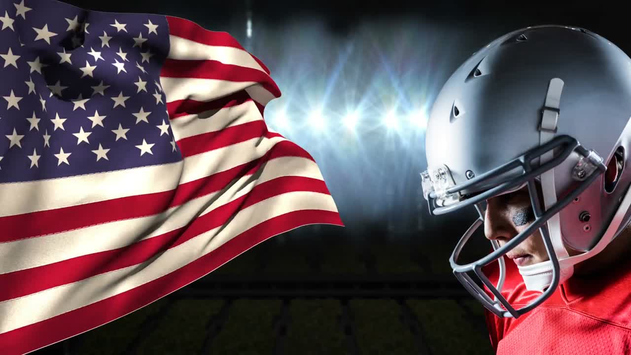 アメリカ国旗の向かいに立つラグビー選手のデジタルアニメーション 4K