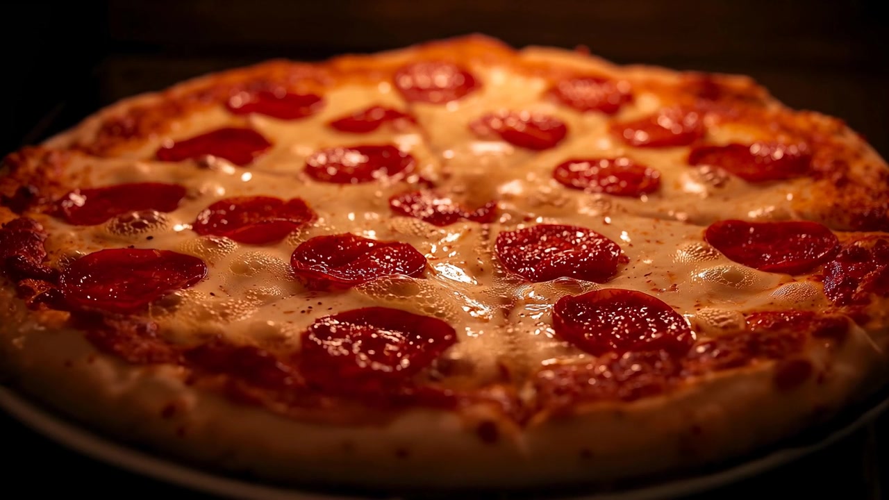Pizza intera al salame piccante che bolle, con olio e formaggio che ribollono su una teglia rotonda, a causa del calore del forno.