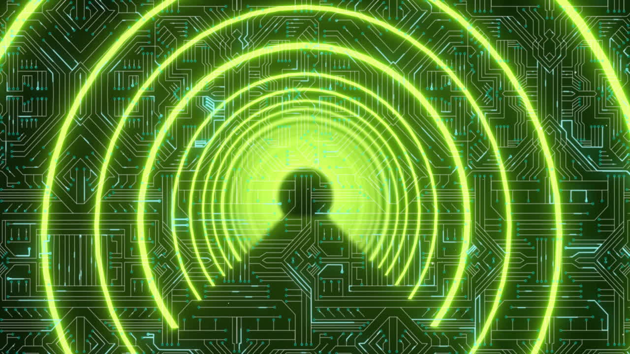 Central silhouette head emitting neon rings and data waves over dark green circuit traces and nodes