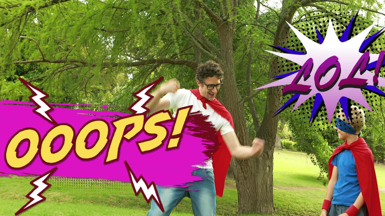 슈퍼히어로 테마의 텍스트 애니메이션 오프! 그리고 공원의 사람들 위에 lol