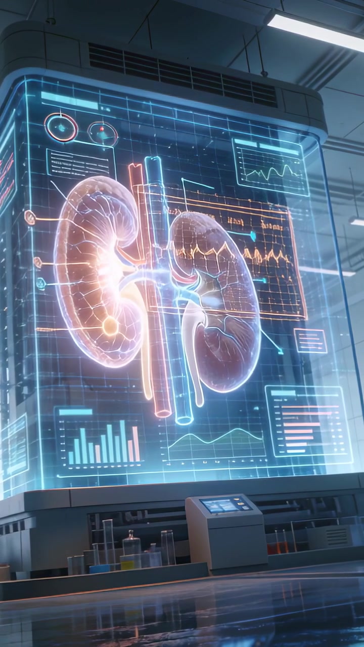 Vertical video: Animating hologram kidneys rotating and updating charts in lab upon console tap