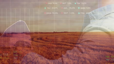 animation of caucasian man using smartwatch, financial data an agricultural landscape