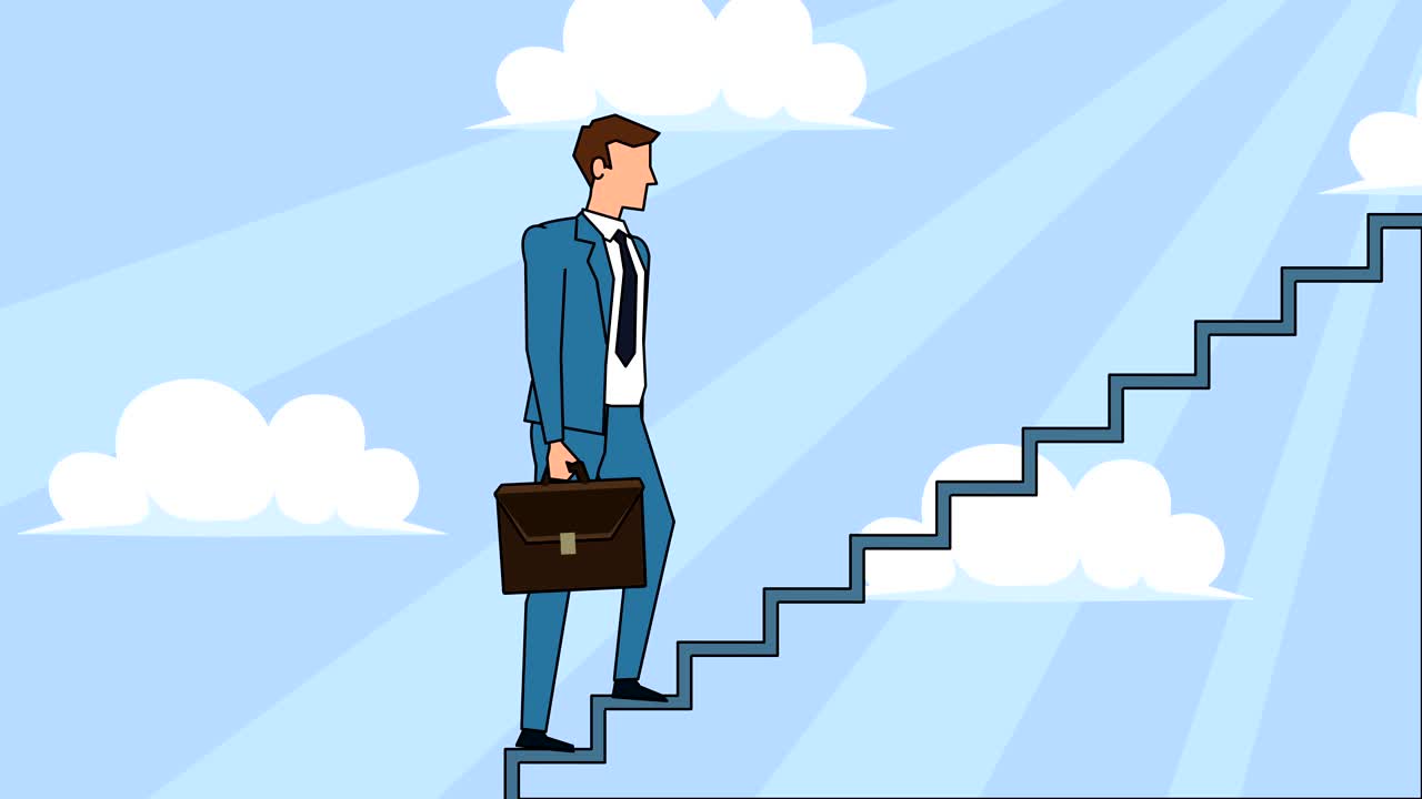 personaje de dibujos animados hombre de negocios plano con bolsa de caso sube las escaleras de la carrera animación
