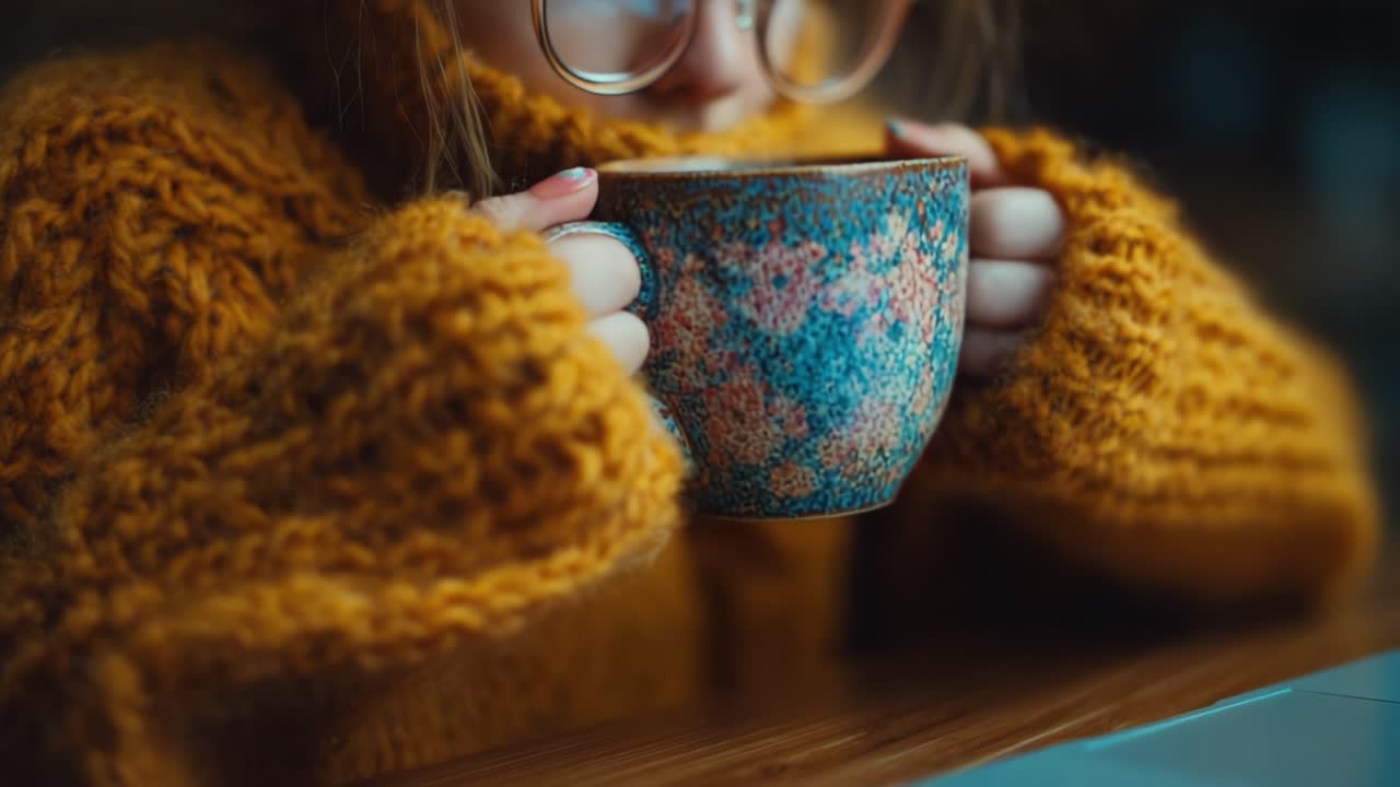 Momenti accoglienti: primo piano di una persona che indossa un caldo maglione mentre tiene in mano una tazza colorata, enfatizzando il comfort e il relax in un ambiente tranquillo