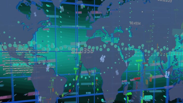 Animation of numbers, symbols, changing numbers over graphs and map on abstract background