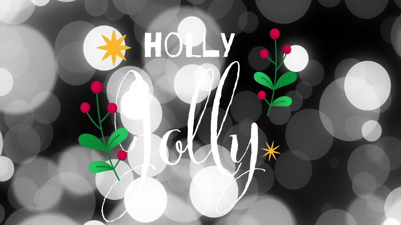 Animation of holly text over christmas decoration on black background