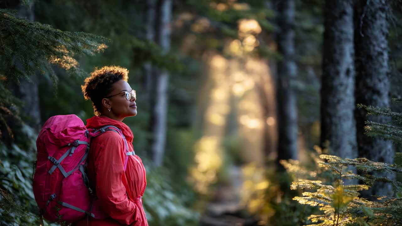 A contemplative hiker pauses amidst a serene forest landscape, basking in the gentle warmth of sunlight filtering through the trees, embodying the spirit of exploration and connection with nature