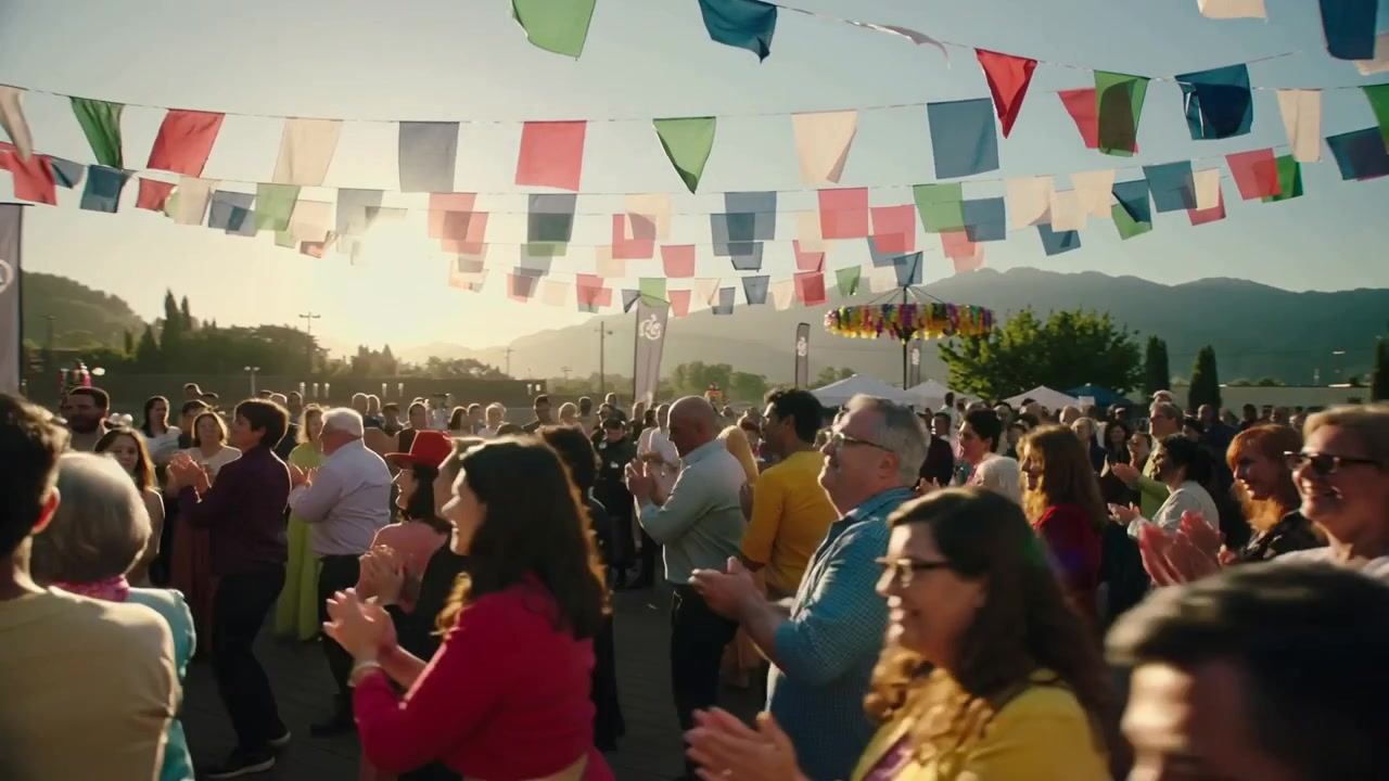Klappende festivalpublikum reagerer på en optræden uden for skærmen på en plads, iført hatte og blomsterkranse, flag.