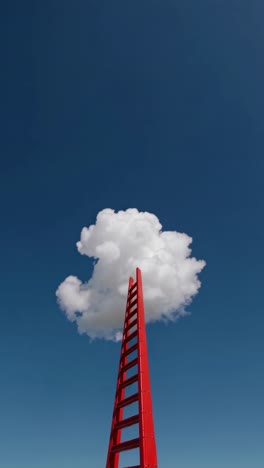 a red ladder reaching a cloud against a clear blue sky, captured from a low angle