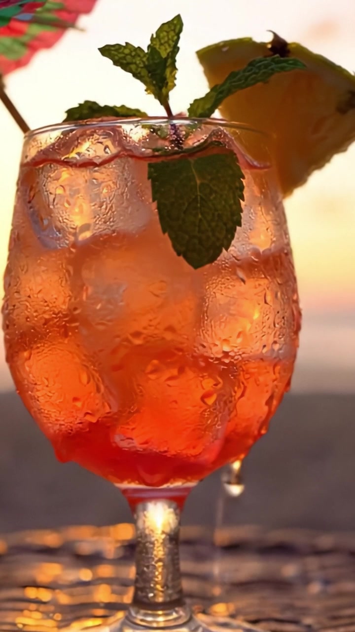 Rinfrescante cocktail tropicale al tramonto: una bevanda vivace guarnita con menta e ananas, perfetta per le serate estive in spiaggia