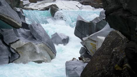 close-up view of a beautiful waterfall with clear blue glacier water