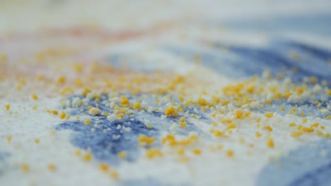 close up of bread crumbs on a white and blue surface