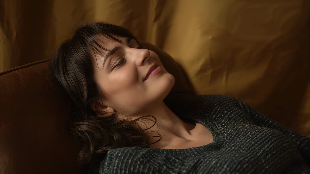 Settling woman reclining, breathing, relaxing on sofa in lounge, in dark gray sweater, gold drapery