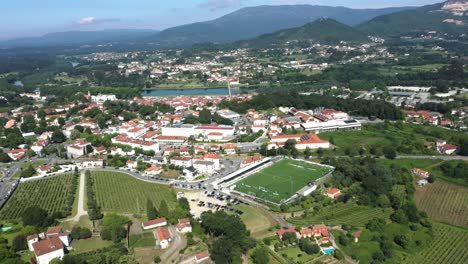 aerial ponte de lima football stadium pitch, oldest village in portugal