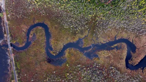 top down drone view of a winding river on the east coast of the usa, upstate new york