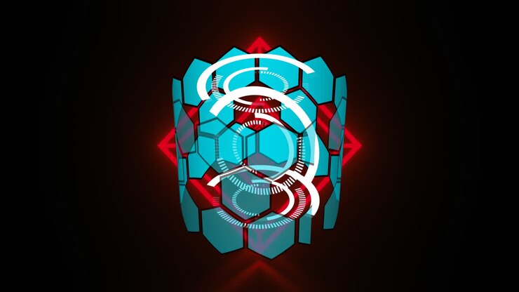 Animation of hexagonal shapes spinning against red neon tunnel in seamless pattern