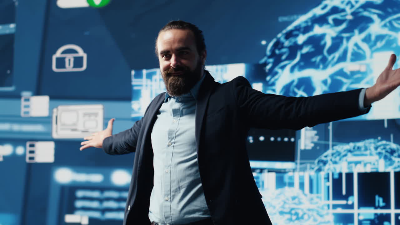 Male entrepreneur works on implementing AI brain system for deep learning