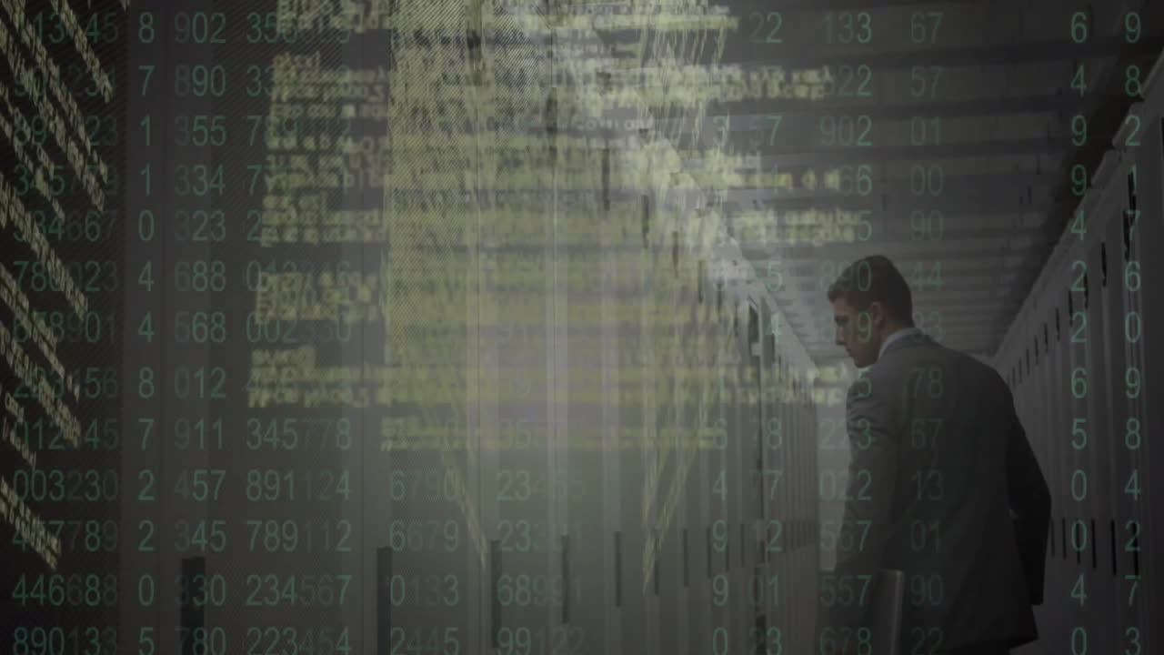 Businessman in suit walking through hallway, data processing animation over scene