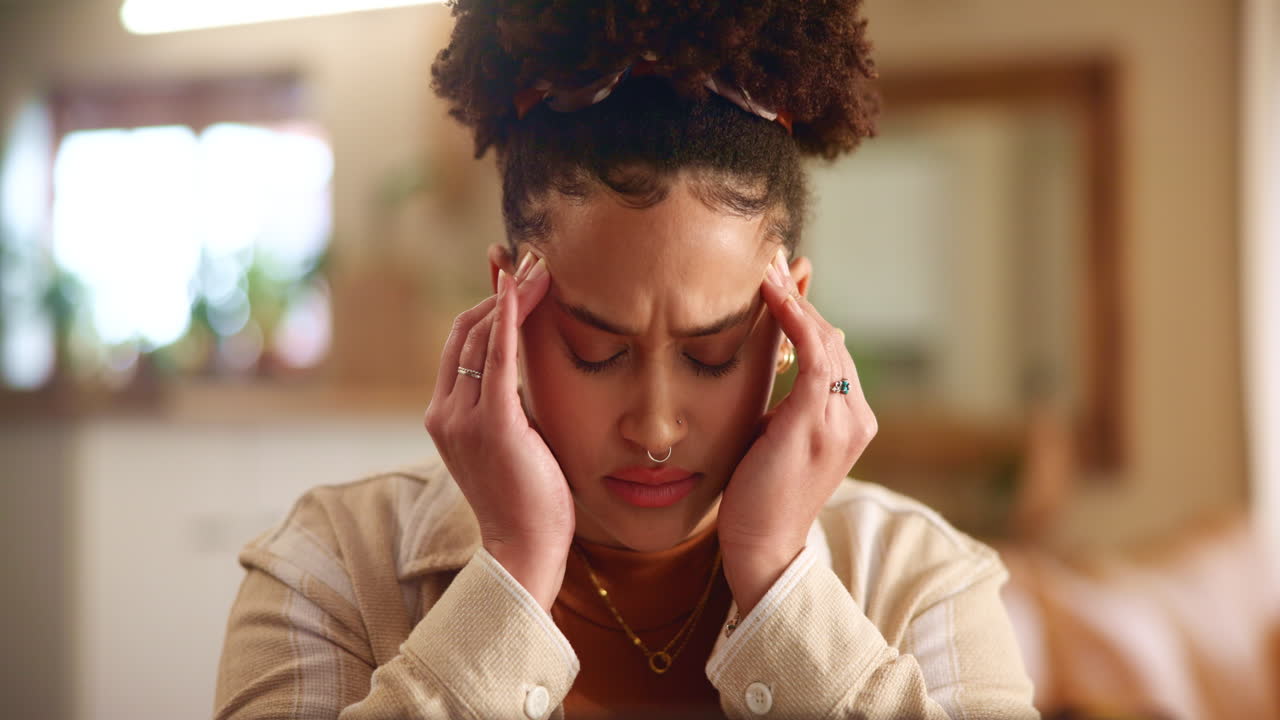 Woman suffering from a headache, holding her temples