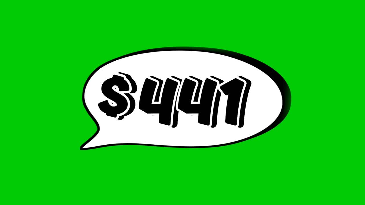 Animation $441 dollar price in a speech bubble green screen. Perfect for sales, ads, or promo videos. Easy to use and customize in your projects video element
