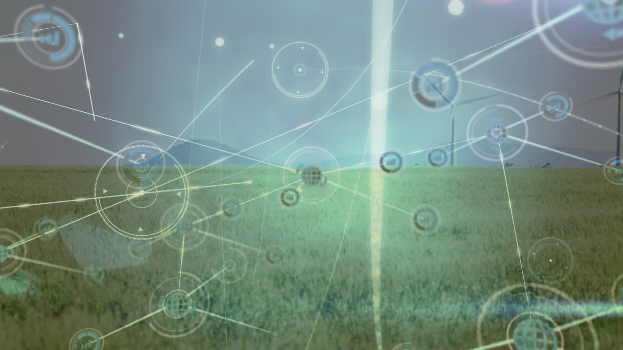 풍력 터빈 위의 아이콘으로 연결된 네트워크의 애니메이션