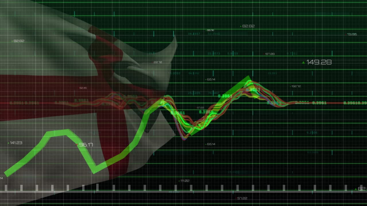 검은 바탕에 잉글랜드의  ⁇ 발 위에 그래프의 애니메이션과 데이터 처리