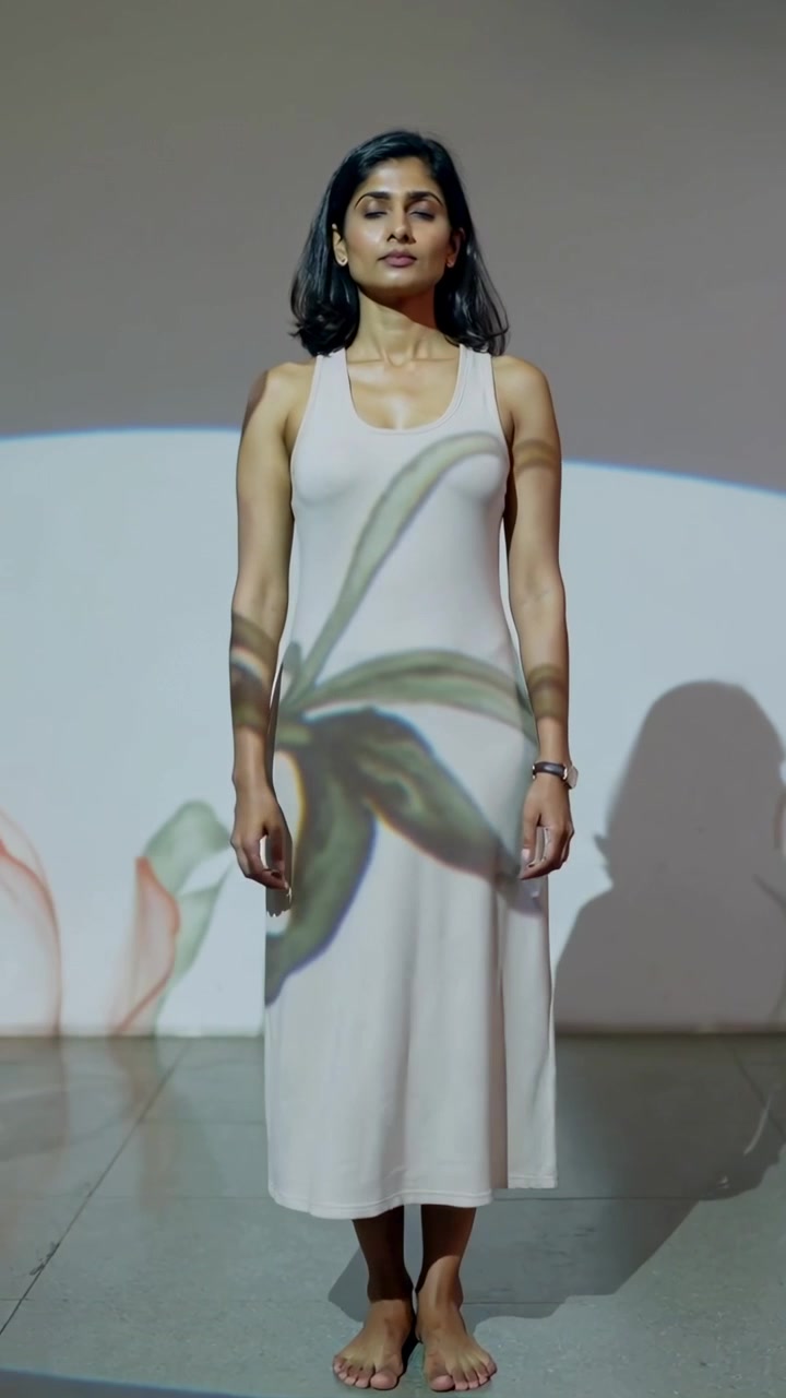Video verticale: Donna in abito bianco che cammina ed entra in studio su indicazione luminosa, con arte botanica in movimento.